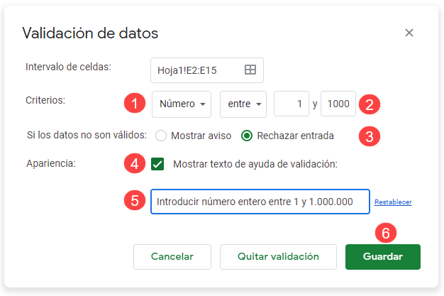 Configurar Validación de Datos en Google Sheets Ejemplo Alerta