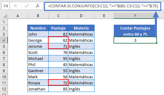 Contar Celdas Entre Dos Números Ej2 en Excel