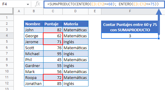 Contar Celdas entre dos Números con Sumaproducto en Google Sheets