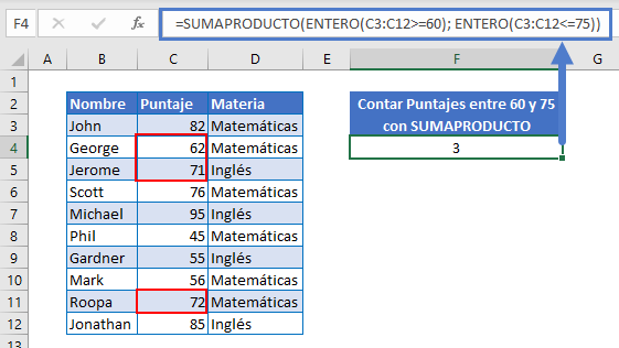 Contar Celdas entre Dos Números con Sumaproducto