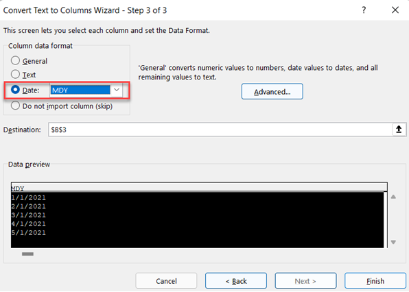 Convert text to column wizard step3