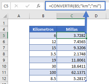 Convertir Kilometros a Millas Ejemplo en Excel