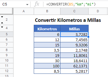 Convertir Kilometros a Millas en Google Sheets