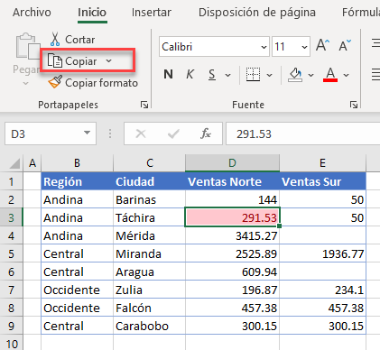 Copiar el Formato Condicional con Pegado Especial Paso1 en Excel
