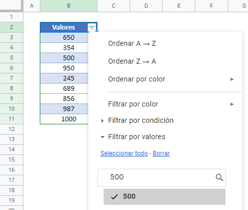 Crear Filtro en Elegir Valores Google Sheets