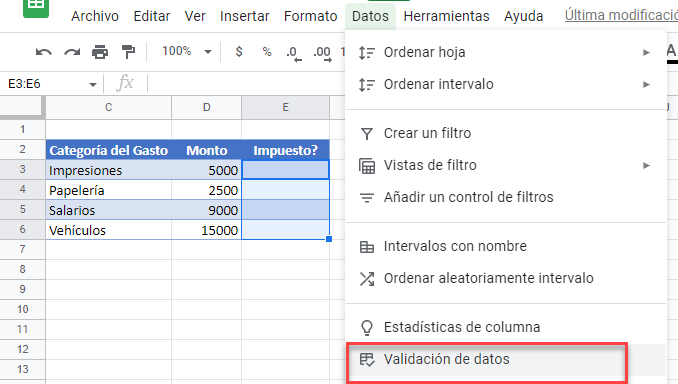 Crear Lista Desplegable Sí No en Google Sheets