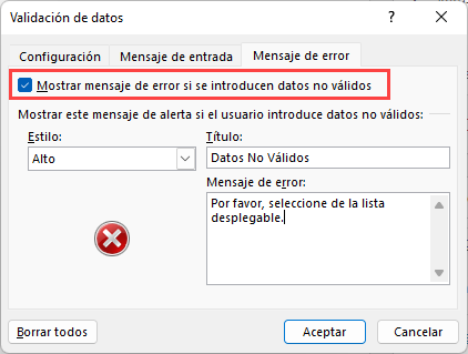 Crear Mensaje de Error para Validación de Datos en Excel