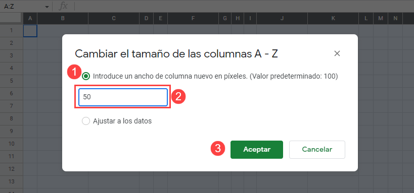 Cuadro Diálogo Cambiar Ancho Columnas Seleccionadas en Google Sheets