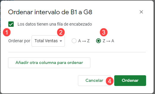 Cuadro-de Diálogo Ordenar Rango en Google Sheets