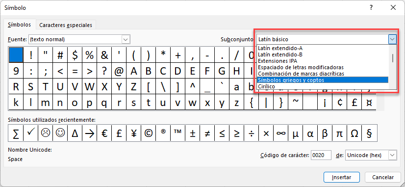 Cuadro de Símbolos Elegir Subconjunto en Excel