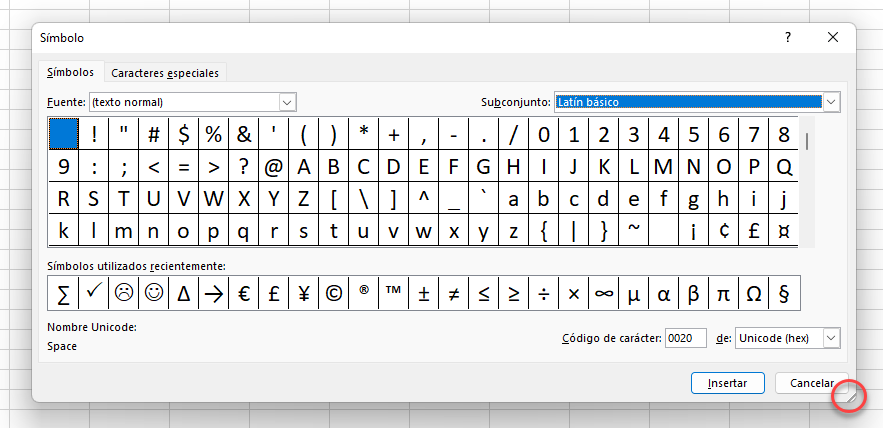 Cuadro de Símbolos en Excel