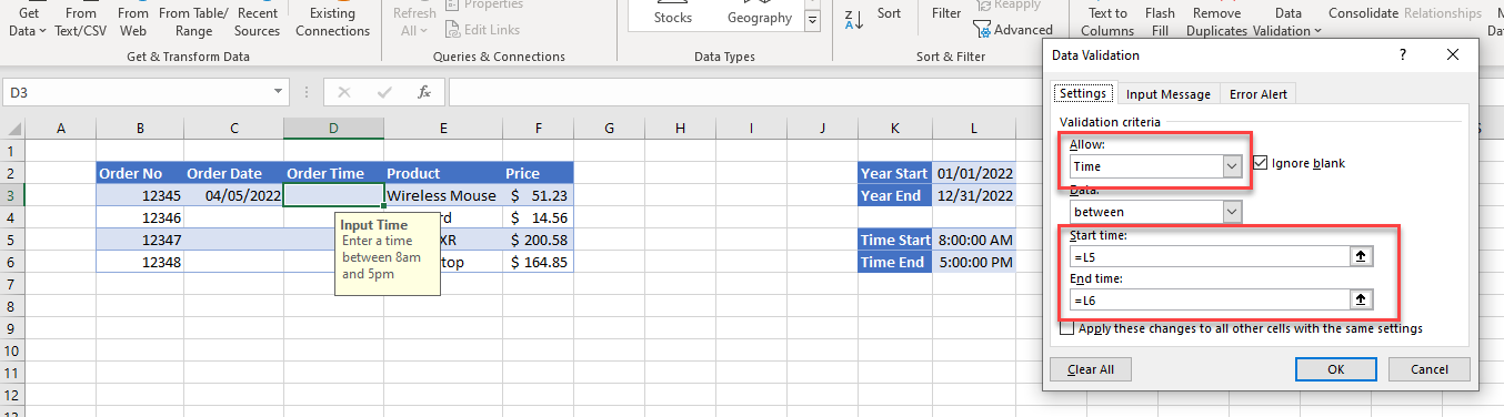 DatavalidationDates selecttime