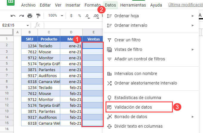 Datos para Ejemplo Alerta de Error Validación de Datos en Google Sheets