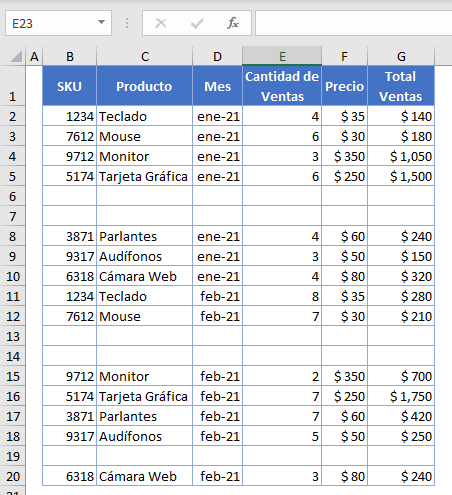 Datos para Ordenar e Ignorar los Espacios en Blanco en Excel