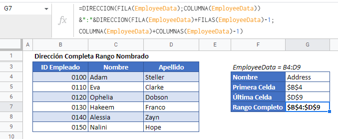 Dirección Completa de Rango Nombrado en Google Sheets