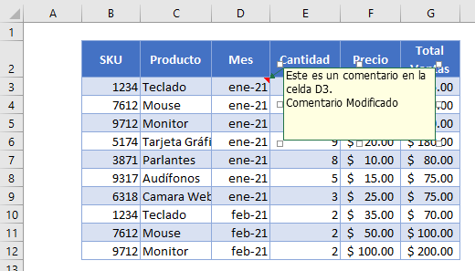 Editar Comentarios Modificado en Excel