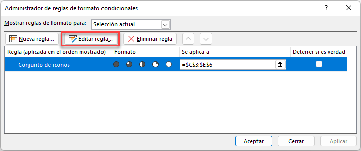 Editar Regla Tabla de Conjunto de Iconos en Excel