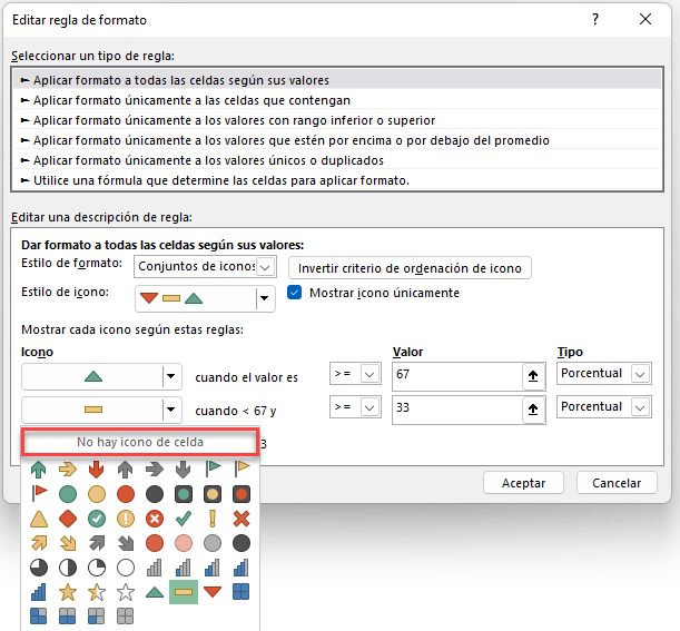 Editar Regla de Formato Condicional No Icono en Excel