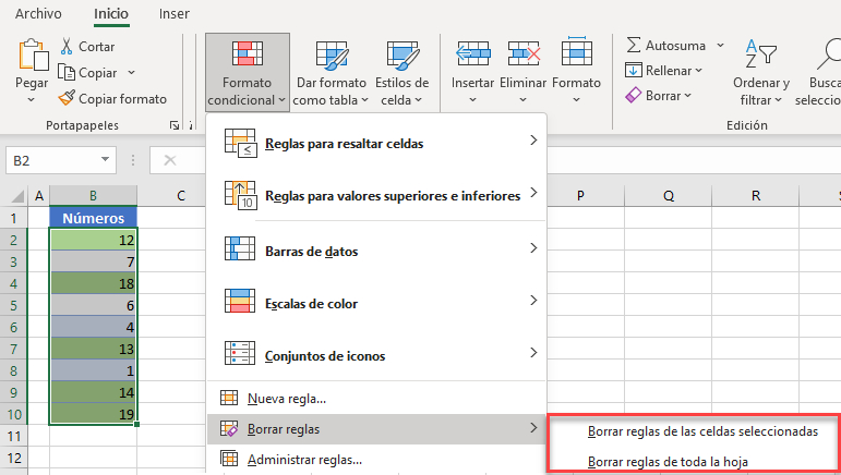 Eliminar el Formato Condicional Principal en Excel