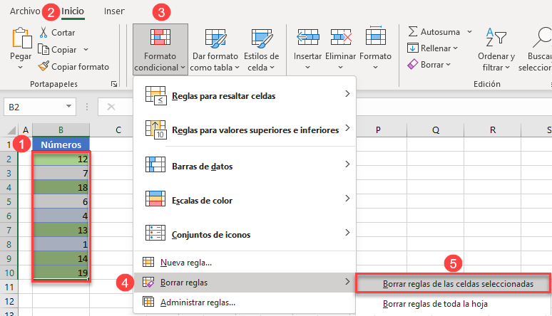 Eliminar el Formato Condicional en Excel