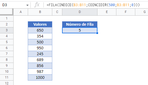 Encontrar Número de Fila en Columna en Google Sheets