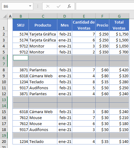 Filas en Blanco Seleccionadas en Excel