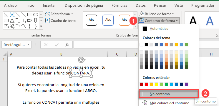 Forma Sobre Texto sin Contorno en Excel