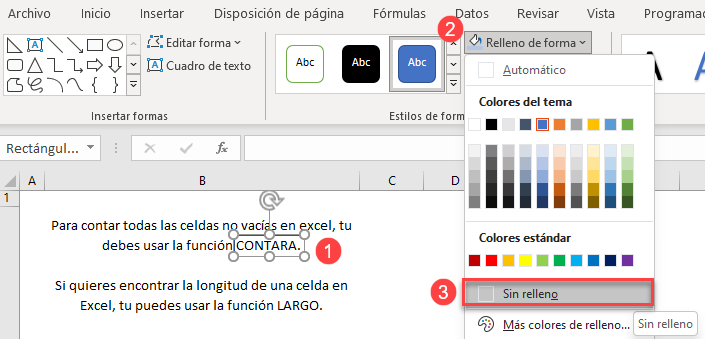 Forma Sobre Texto sin Relleno en Excel