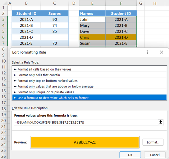 Format if xlookup is blank