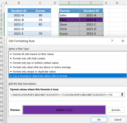 Format if xlookup is within range of values