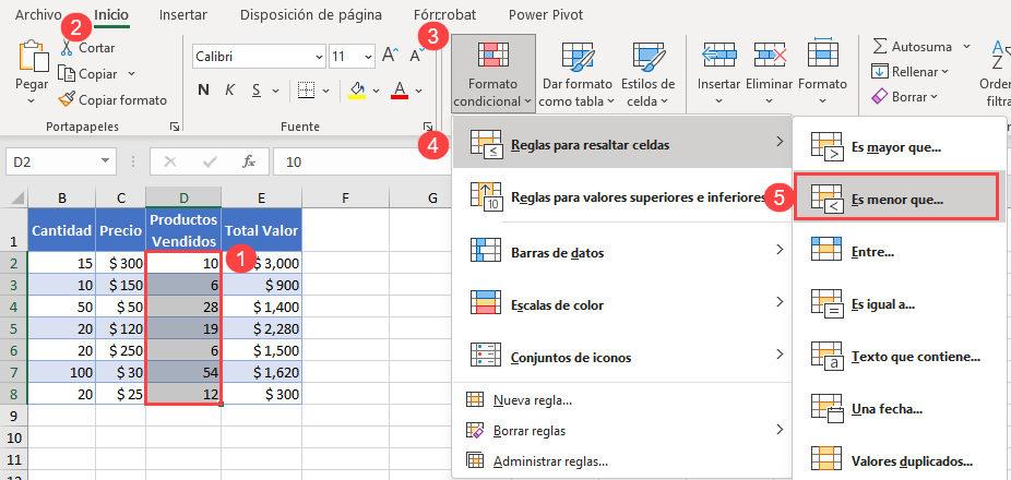 Formato Condicional Menor Que Paso1 en Excel