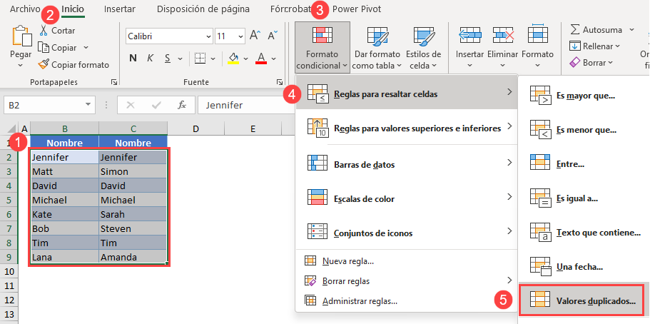 Formato Condicional Resaltar Valores Duplicados en Excel