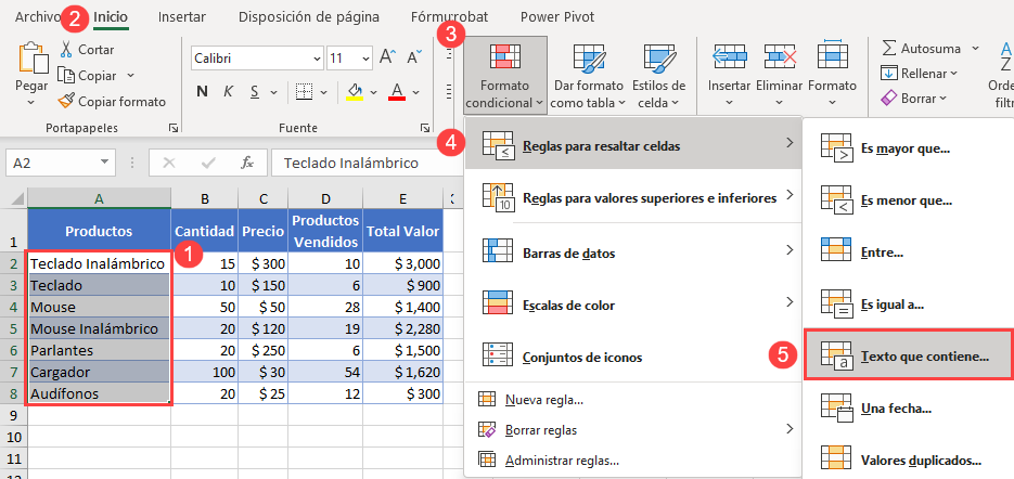 Formato Condicional Texto que Contiene Paso1 en Excel