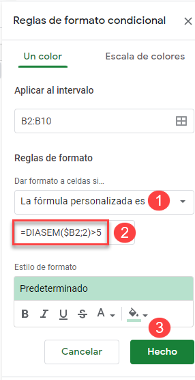 Formato Formula Personalizada en Google Sheets