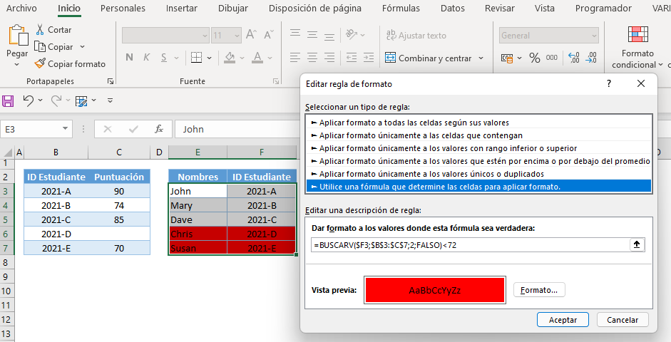 Formato basado en la comparación buscarv