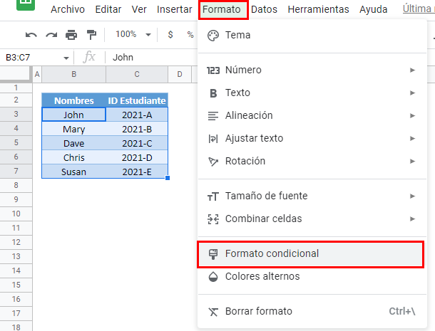 Formato condicional buscarv gsheets paso1