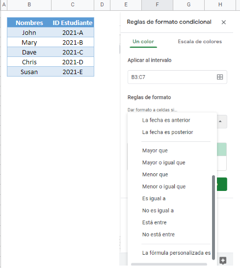 Formato condicional buscarv gsheets paso2