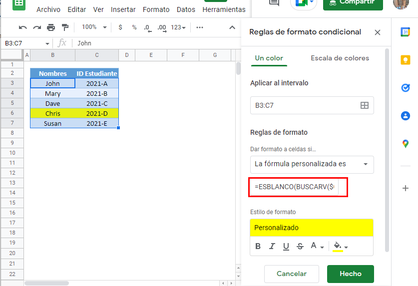 Formato condicional buscarv gsheets paso3