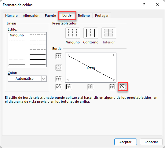 Formato de Celdas Diágonal Paso2