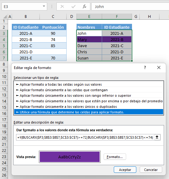 Formato si buscarx está en rango de valores