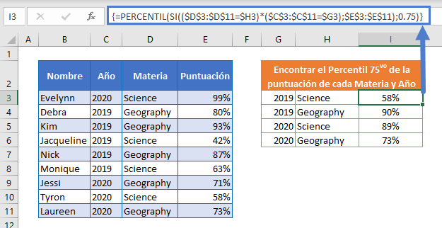 Fórmula Percentil Si Ejemplo2 Multiples Criterio en Excel