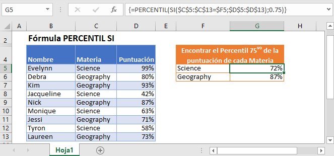 Fórmula Percentil Si en Excel