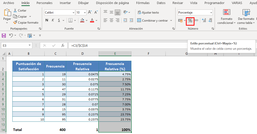 Frecuencia Relativa Porcentaje en Excel