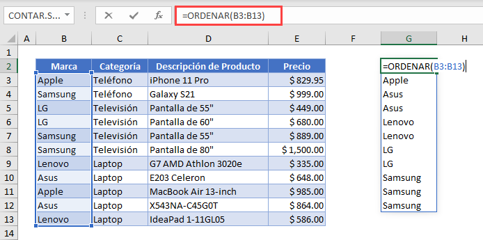 Función Ordenar Lista