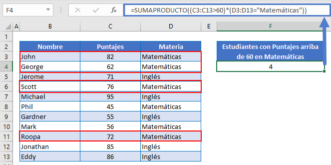 Función Sumaproducto Mayores a 60 en Matemáticas