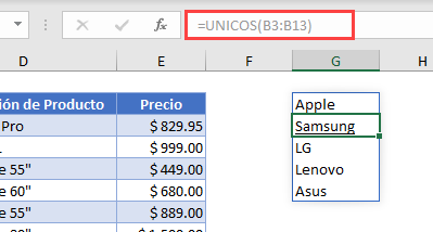 Función Unicos Insertada en Excel