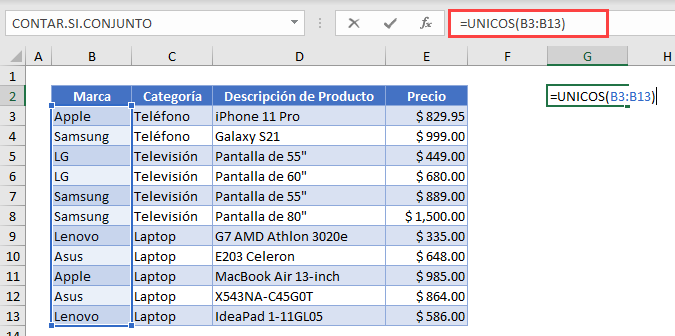 Función Unicos en Excel