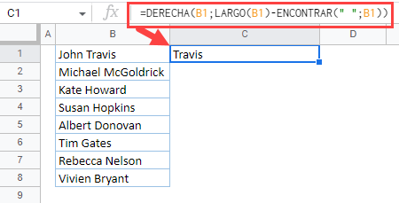 Funciones Derecha Largo y Encontrar en Google Sheets