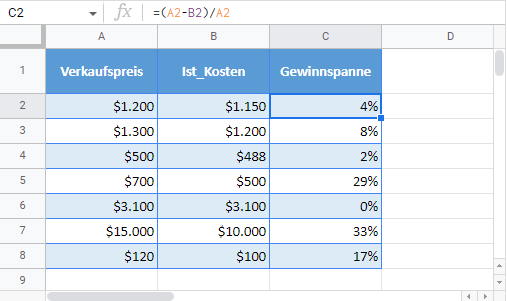 Gewinnspannenrechner google sheets