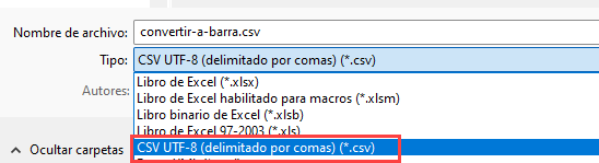 Guardar Como Seleccionar Tipo de Archivo CSV